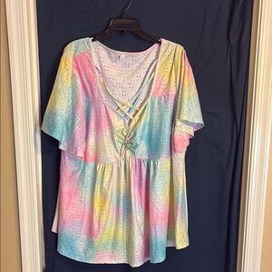 Rosegal Pink and Yellow Flutter Sleeve Blouse